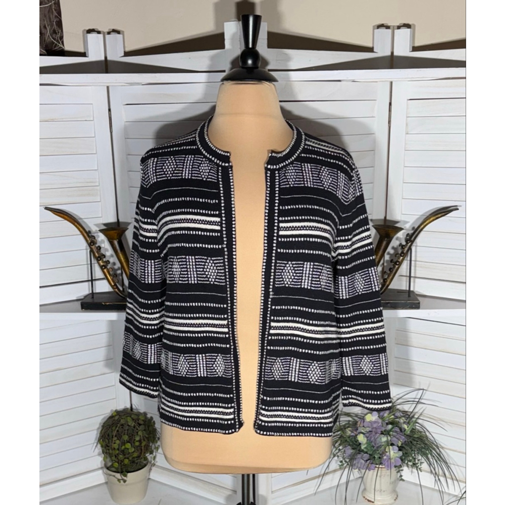 Loft hippie boho cardigan black white diamond striped pattern knit open style XL